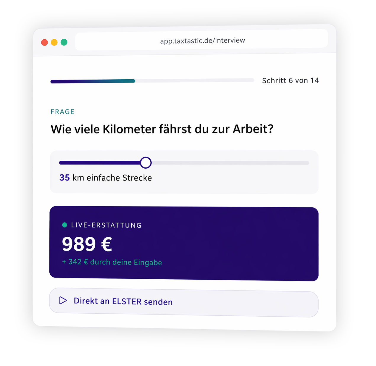 Eingabeformular Ansicht mit Angabe der Fahrtstrecke zur Arbeit und der Erstattung