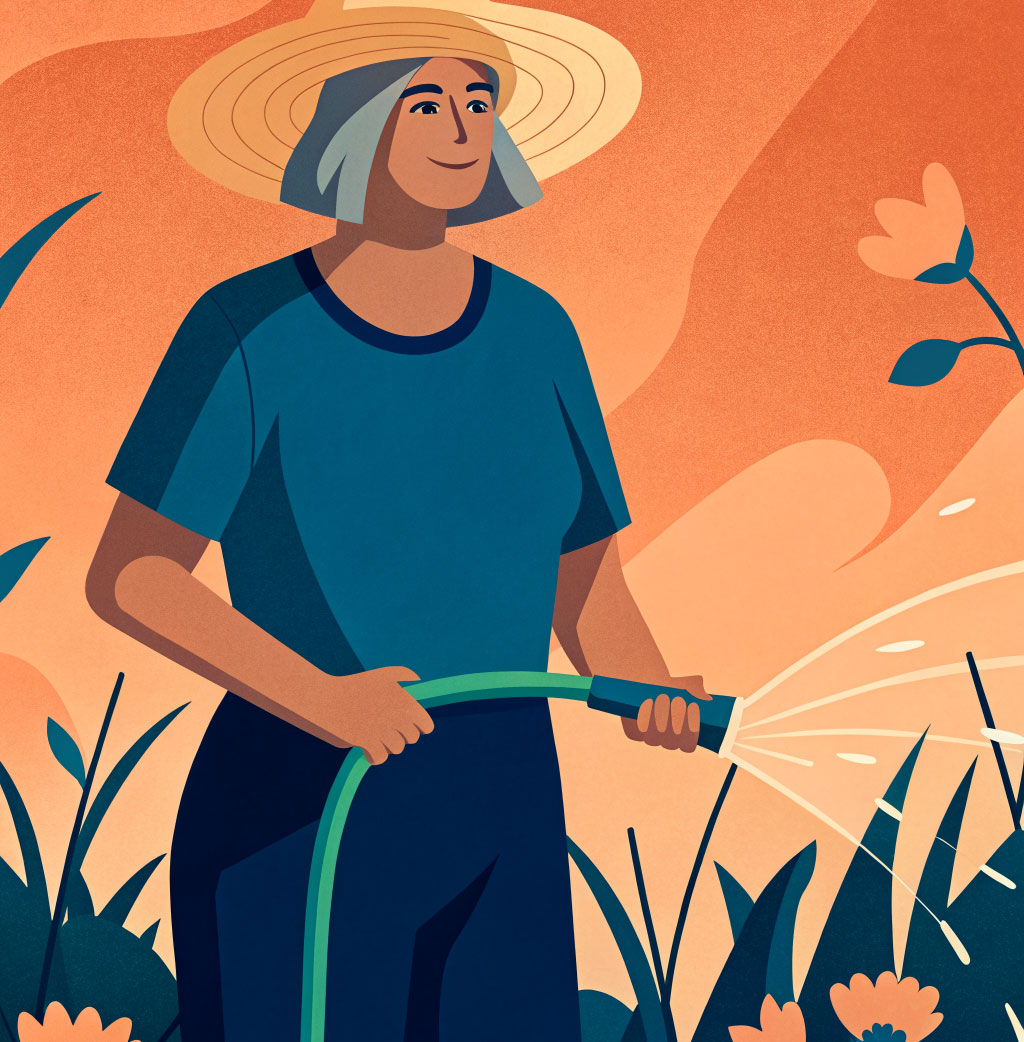 Rentnerin pflanzt im Garten entspannt was ein.